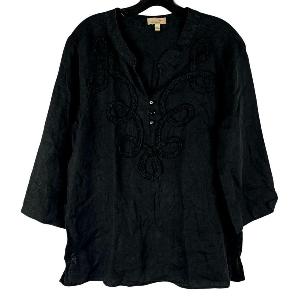 Choices Black Linen 3/4 Sleeve V-neck Front Embroidery Top Large